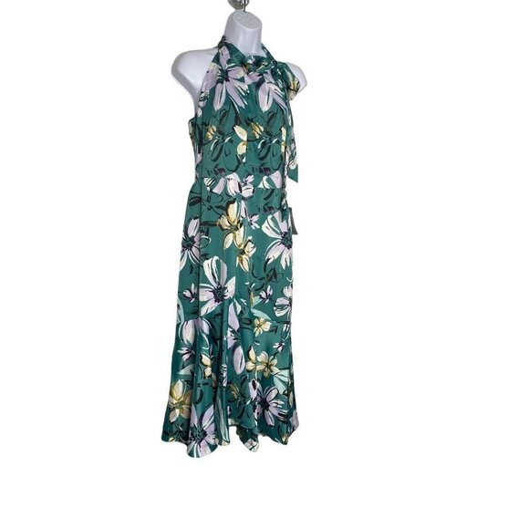 MAGGY LONDON Woman’s CAROLINA HALTER DRESS FLORAL MIDI CHARMEUSE GREEN SZ 2 - Picture 5 of 9